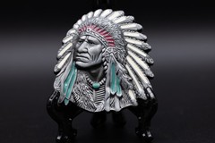 Indian Chief Head Belt Buckle Silver Finish Red White & Turquoise Accen