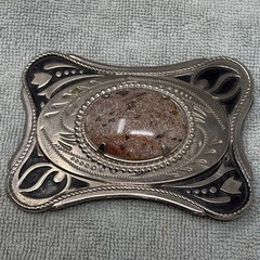 Vintage Western Silver Tone Lace Agate Stone Belt Buckle Scroll Floral Design