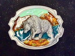 Southwestern Style Fishing Grizzly Bear Colorful Painted Belt Buckle