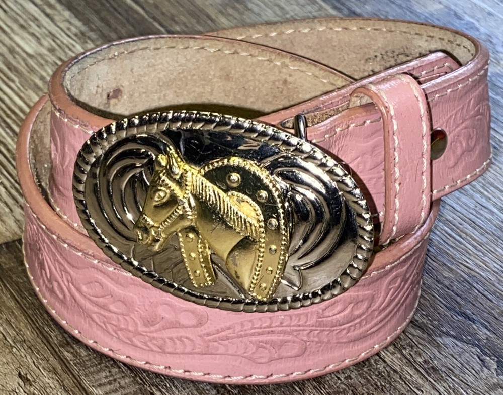 Horse Shoe Pink Tooled Leather Belt Buckle Barrel Rider Rodeo 26 Cowgirl Country
