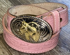 Horse Shoe Pink Tooled Leather Belt Buckle Barrel Rider Rodeo 26 Cowgirl Country