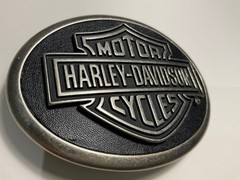 Harley-Davidson buckle w/ Bar&Shield.Antique nickel .Leather patch.#HDMBU10069.
