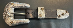 Sterling Silver 3-Piece Engraved Bronco Buckle Set 1” Belt. UNMARKED GARCIA