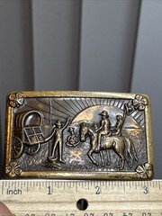 46. Vtg Brass Cowboy Wagon Clovers Round up Scene Belt Buckle 3 1/8&Prime; x 1 7/8&Prime;