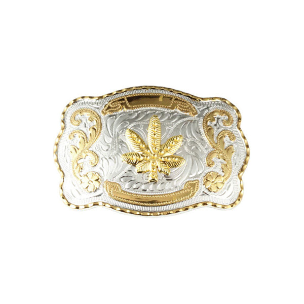 1 1/2&Prime; Big Gold Marijuana Leaf Western Belt Buckle – Style 1. 5 1/2&Prime; x 3 7/8&Prime;.