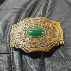 Jade & Grass Solid Brass Mens Belt Buckle Western Cowboy Vintage Antique