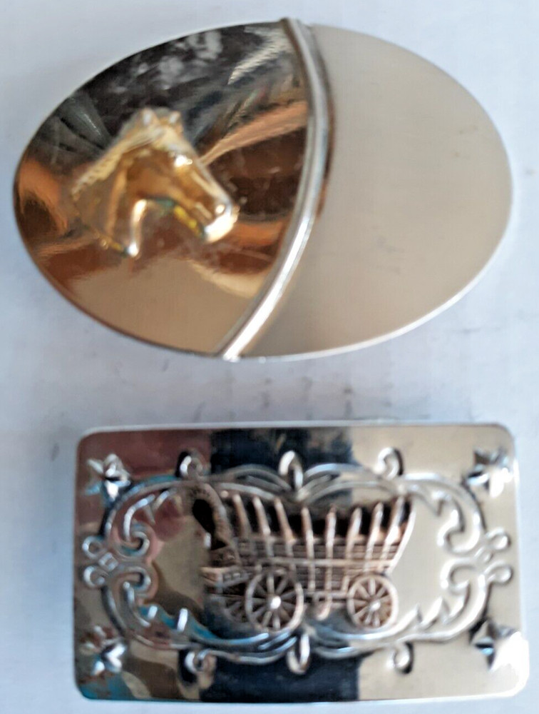 2 metal belt buckles Conestoga wagon and horse head 3.25&Prime; long unbranded