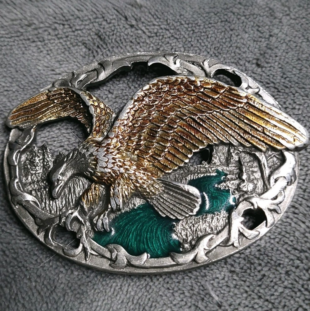 C & J VTG 90s Flying Eagle Belt Buckle Enamel Glaze USA Made 1541