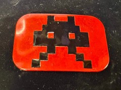Iconic Pixelated Alien Space Invaders Arcade Game Red Black Enamel Belt Buckle