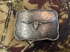 Texas longhorn big belt buckle nickel & brass paisley cowboy rodeo rancher TX