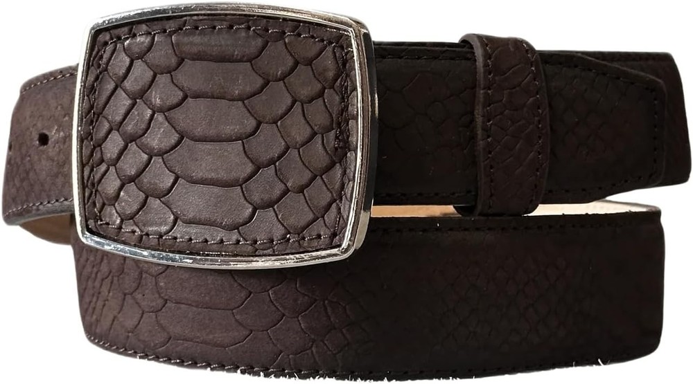 Genuine Leather Python Snakeskin Print Western Belt with Removable Buckle- Brown