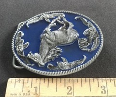 HORSE RUNNING GALLOPING WESTERN FLORAL FLOWER THEME DESIGN BLUE BELT BUCKLE