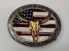 Texas Longhorn United States Flag Stars Stripes Forever Enameled Belt Buckle