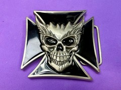 Devil Skull Maltese Cross Enamel Gothic Punk Pewter A-9 Siskiyou Belt Buckle