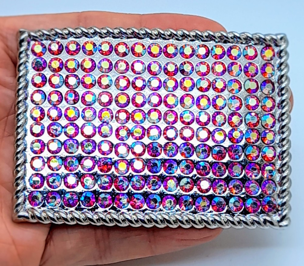 Fashion unisex style classic oblong Belt Buckle Silver Metal pink ab rhinestones
