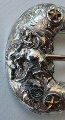 Sterling Silver 3-Piece Engraved Bronco Buckle Set 1” Belt. UNMARKED GARCIA
