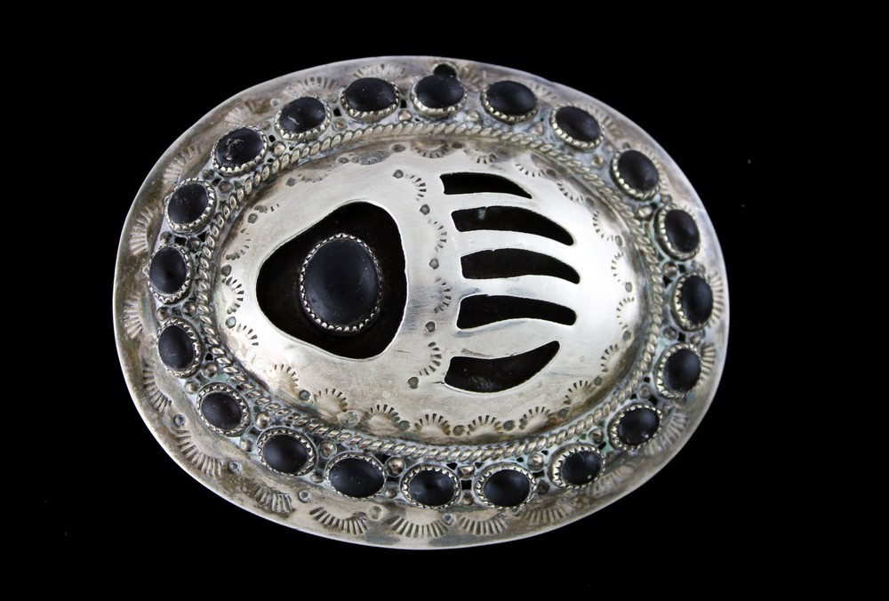 Zuni Navajo Native American Gary Nez Sterling Silver Bear Paw Concho Belt Buckle