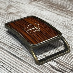 Vintage Wisconsin Belt Buckle ~ 1970’s Hand Made Wood Inlay WI State Outline “T”
