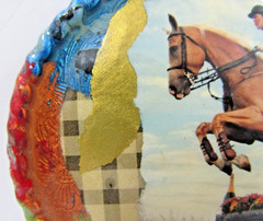 Equestrian Hand Painted Signed Horse Jumping Steeplechase Twisted Rope Border