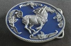 HORSE RUNNING GALLOPING WESTERN FLORAL FLOWER THEME DESIGN BLUE BELT BUCKLE
