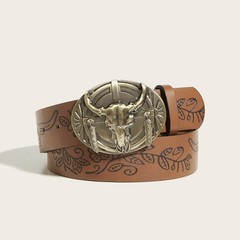 Western Cow Head Buckle Belt – Peony Pattern PU Leather Casual Belt/ COWBOY/