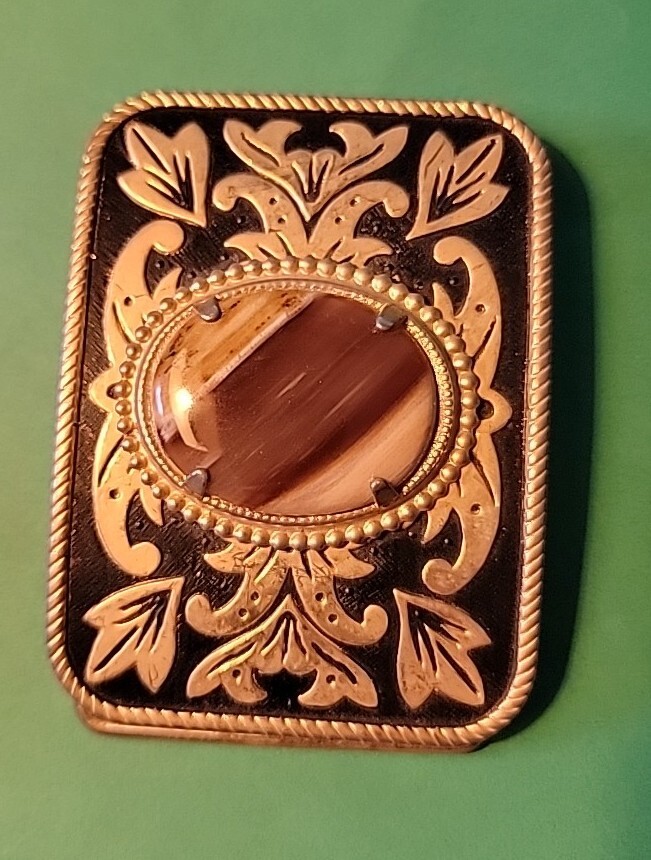 Vintage Belt Buckle Western Style Gold Ornate with Large Brown Oval Stone