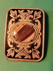 Vintage Belt Buckle Western Style Gold Ornate with Large Brown Oval Stone