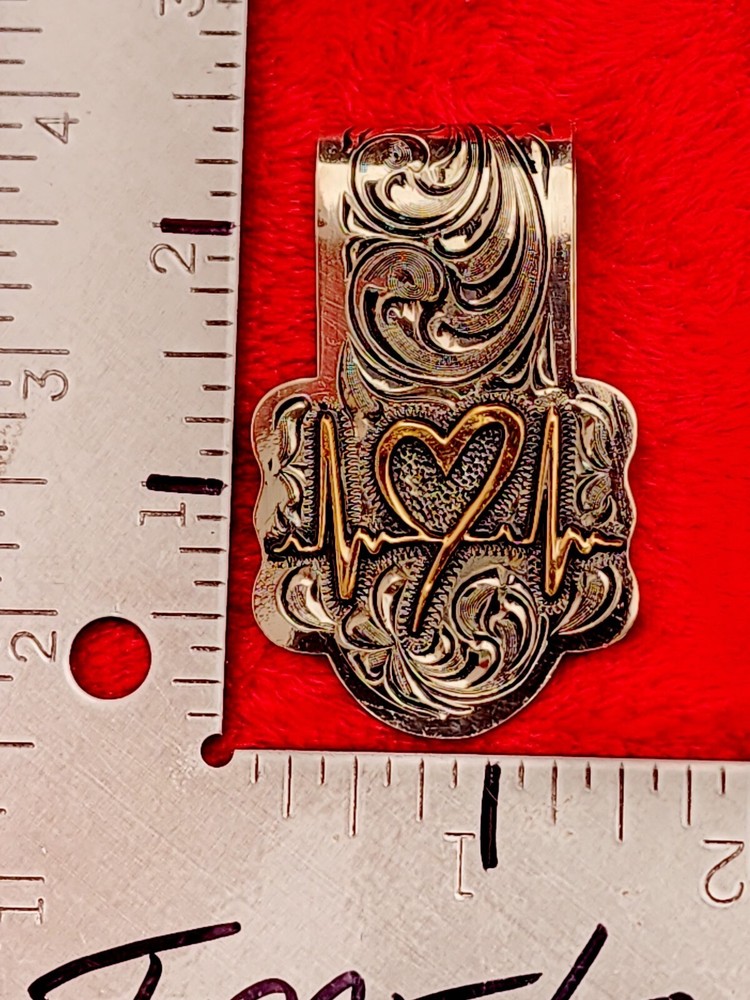 HEARTBEAT EMBLEM~HAND ENGRAVED MONEY CLIP $GERMAN SILVER & JEWLERS BRONZE