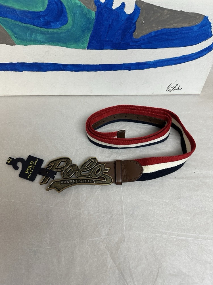 Polo Ralph Lauren Canvas &Leather Belt Script Logo Buckle Red White Blue Size 42