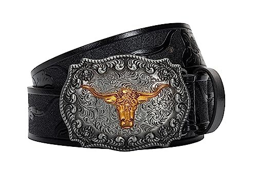 Mens-Western-Cowboy-Belt – Longhorn-Bull-Pattern Fit Waist 31-34 in Black