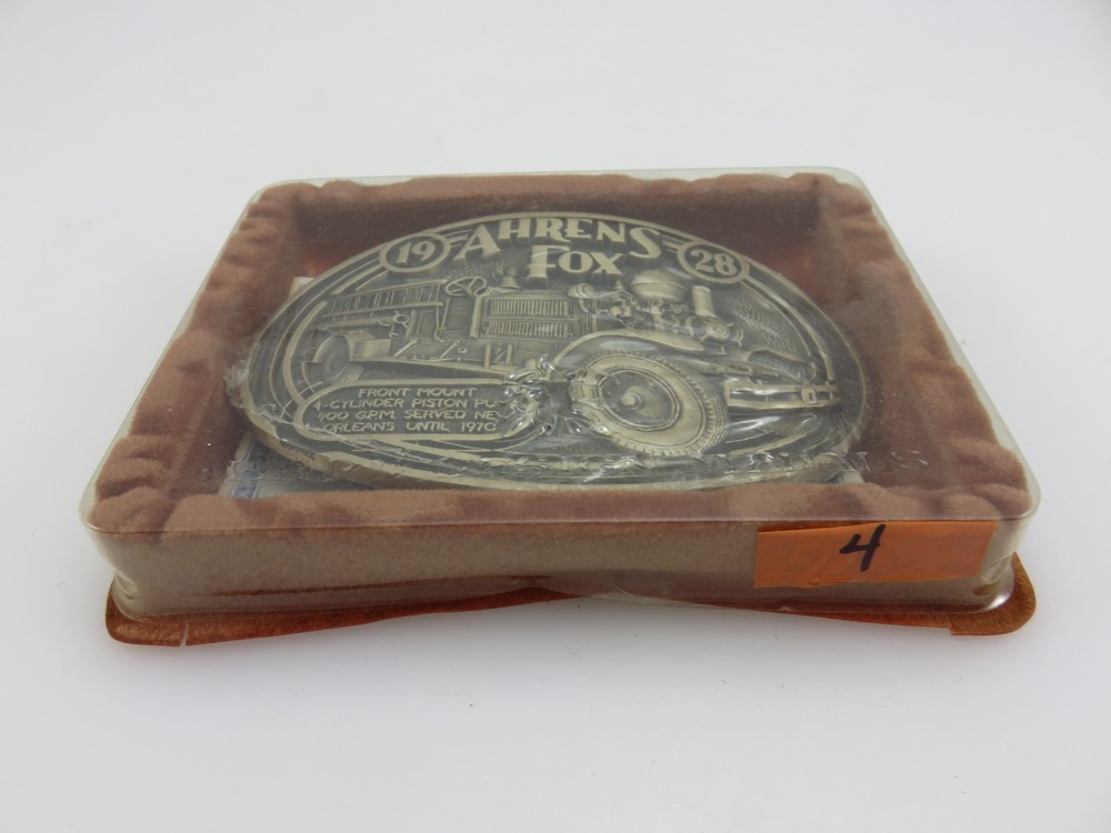 OK Firefighters Assoc. 1928 AHRENS FOX Fire Truck Brass Belt Buckle NOS