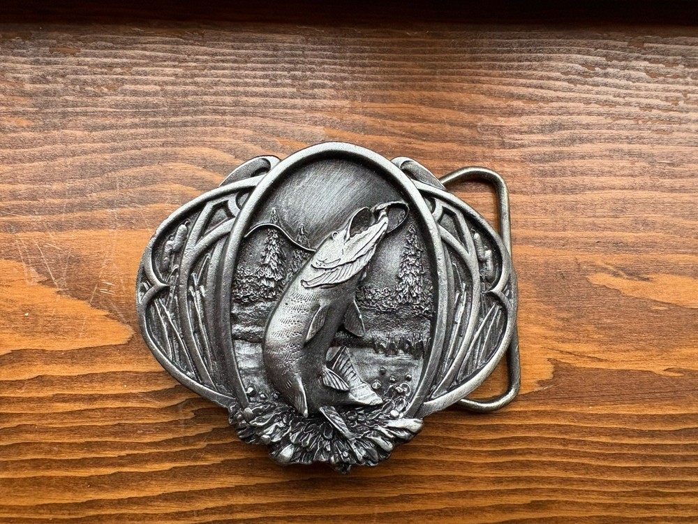 Vintage Western Fishing Belt Buckle Leaping Trout Outdoor Sportsman