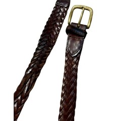 Woven Braided Brown Leather Belt – Genuine Leather – Antique Brass Buckle – 40