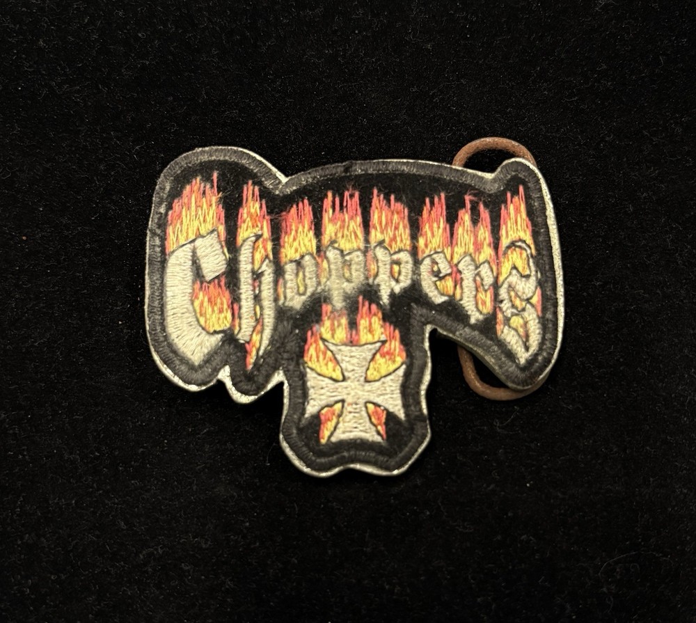 Vintage belt buckle embroidered “Choppers” Maltese cross with fire lettering