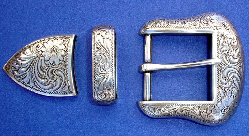 Western Rodeo Decor Silver Floral Engraved Buckle Set