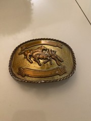 Vintage Western Cowboy Calf Roping Bull Rider Rodeo Nickle Silver Gold Buckle