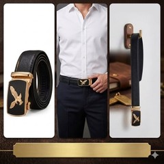 Men&rsquo;s Leather Belt Golden Eagle Automatic Buckle Dress Ratchet Waist Strap Black