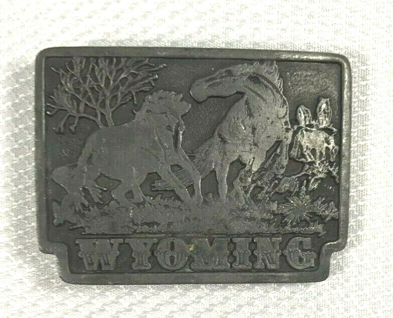 Vintage 1975 WYOMING w/ Horses Dezy Pewter Tone Belt Buckle
