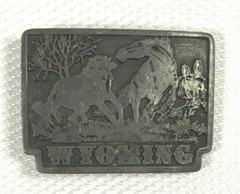 Vintage 1975 WYOMING w/ Horses Dezy Pewter Tone Belt Buckle
