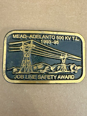 Vtg Solid Brass Belt Buckle Mead-Adelanto 500 KV T.L. Job Line Construction Dyna