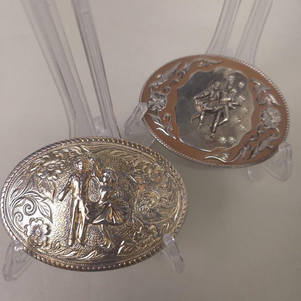 Aminco Belt Buckle Lot Mens Silver Western Heritage Floral Dancing Couple Set 2