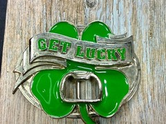 GET LUCKY Four Leaf Clover Shamrock St Patrick Day Belt Buckle Bottle Opener
