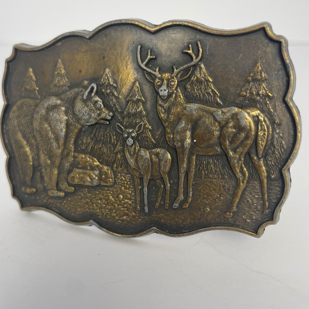 Vintage Wildlife Belt Buckle Bear Deer Fawn Forest Scene Brass Tone Scalloped