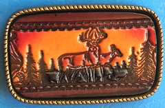 Vintage Made in USA Tooled Leather & Metal Deer Hunting Woods Sunset Belt Buckle