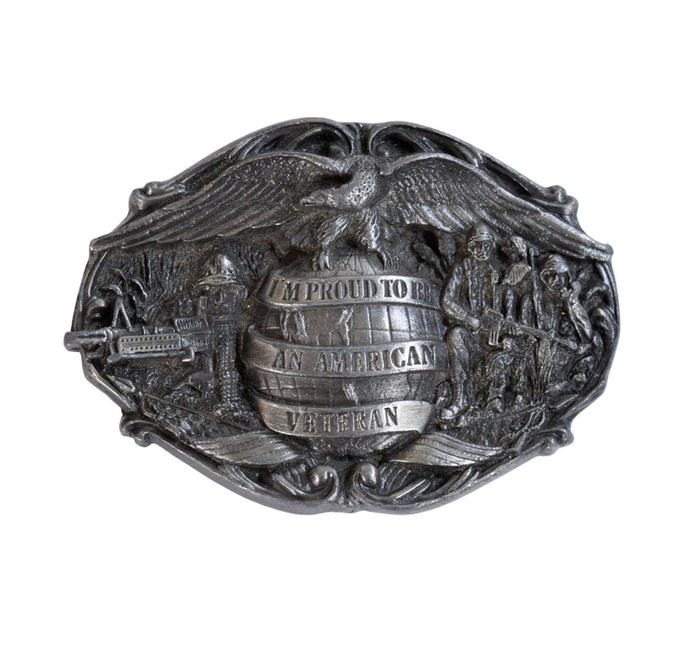VTG 1986 Bergamot « I&rsquo;m Proud to be an American Veteran » Pewter Belt Buckle – USA
