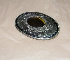 Vintage TIGER EYE Gemstone BELT BUCKLE Polished Stone linlay WESTERN Cowboy