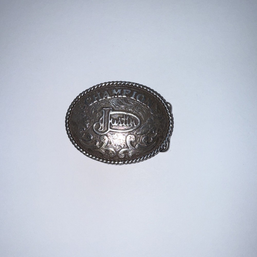 Justin Oval Western Belt Buckle Silver Engraved Champion JD Floral 1.5 in