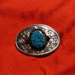 Men&rsquo;s Metal Western Oval Belt Buckle Silver Tone Floral Engraved Blue Stone