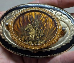 vintage GOLD FLAKE belt buckle HANDCRAFTED epoxy feather WESTERN cowboy indian