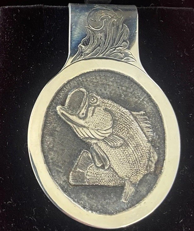 CUSTOM LARGE MOUTH BASS HAND ENGRAVED MONEY CLIP $ GERMAN SILVER